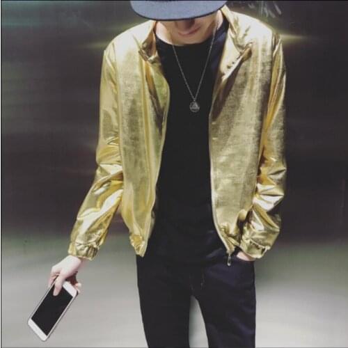 S-3xl New Mens Fashion Casual Bright Surface Jacket Korean Gold Long Sleeve Short Jacket Coat Nightclub Singer Stage Costume