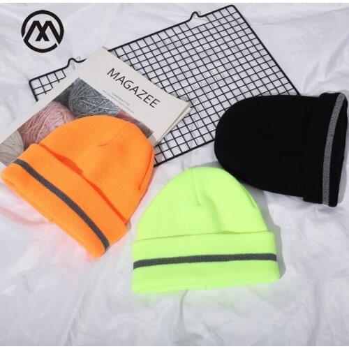 Warm Knitted Hat Unisex Reflective Strip Winter Hat Fluorescent Color Male/Female Beanie Hedging Cap Skullcap Pure Color Cotton