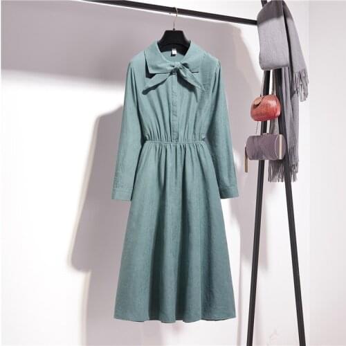 Spring Autumn Green Dress 2020 Womens A-line Round Neck Single-breasted Bow Long Sleeve High Waist Slim Dress Women Fashion Q4