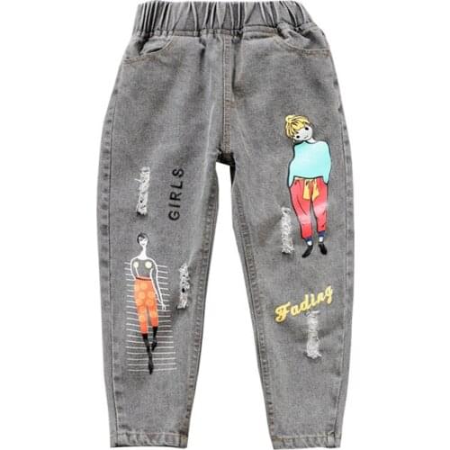 2020 spring hot sale good quality big girls denim pants children casual cartoon letters distressed Jeans for Girls 5-10 years