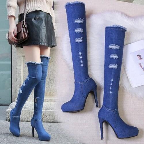 2021 Autumn Winter Women Over The Knee High Boots Denim Thin High Heel Round Toe Fashion Zipper Westrn Style Women Boots