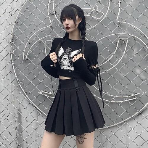 GREYGEM 2021 Long Sleeve Tees for Autumn Winter Womens Thumb Hole Bandage Patchwork Printed Gothic Black Female Crop Tops