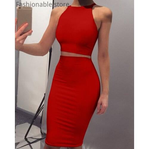 Women Solid Color Sleeveless Crop Top & Midi Skirt 2 Piece Set