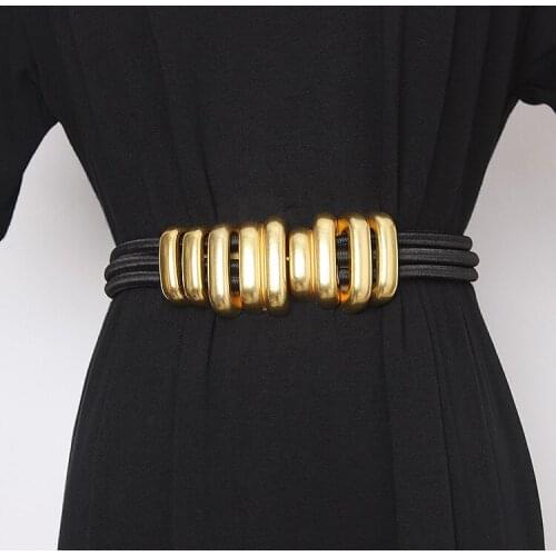 Womens runway fashion solid metal buckle elastic Cummerbunds female Dress Corsets Waistband Belts decoration wide belt TB1171