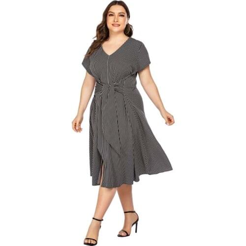 Summer New Fashion Pius Size Short Sleeve Dresses for Women Hemp Stripe Casual Elegant Womens Dress A-line Calf V-neck Dress