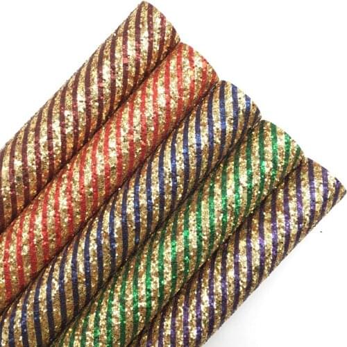 Gold Stripes Printed Chunky Glitter Vinyl Fabric Sheet Felt Backing Synthetic Leather Faux for Bows Earrings DIY A4 SIZE 6S83