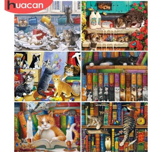 HUACAN 5D Diy Full Drill Diamond Painting Cat Mosaic Book Diamond Embroidery Kitchen Cross Stitch Home Decoration