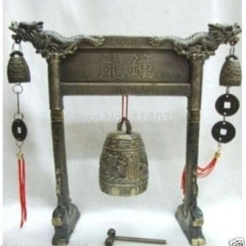 Buddhist OLD TIBET BRASS CARVED DRAGON BELL FIGURINE Singing lucky bell Antique Garden 100% real Tibetan Silver Brassroom