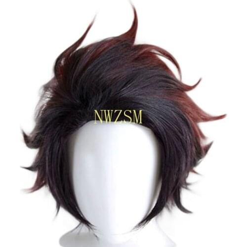 Demon Slayer: Kimetsu no Yaiba Tanjiro Kamado Short Chestnut Brown Heat Resistant Hair Cosplay Costume Wig with earrings