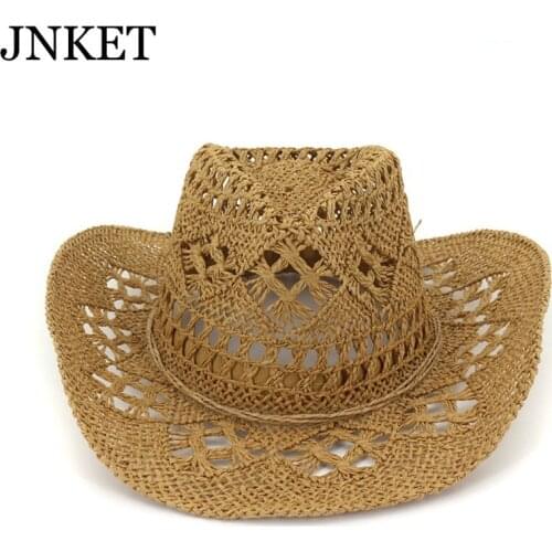JNKET New Men Women Hollow Out Breathable Cowboy Hat Straw Hat Wide Brim Panama Hat Summer Beach Sun Hat