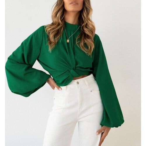 New Solid Satin Lantern Long Puff Sleeve Crop Tops Women Autumn Spring Turtleneck Silk Womens Pullover Ladies Blusa Feminina