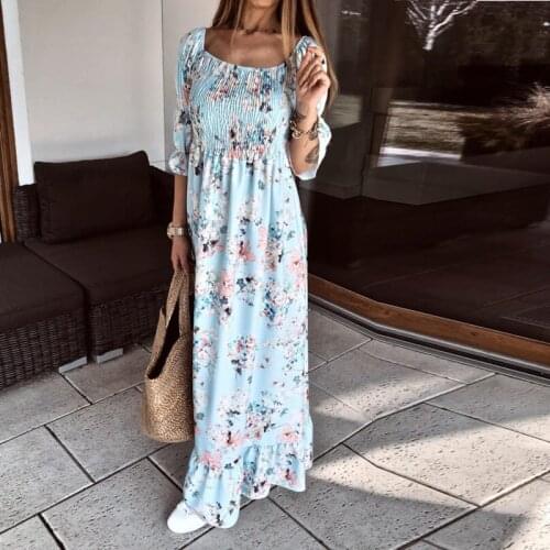 Summer Vintage Puff Sleeve Maxi Dress Women Elegant Ruffle Loose Boho Dress 2021 Autumn Ladies Casual Slash Neck Party Dresses