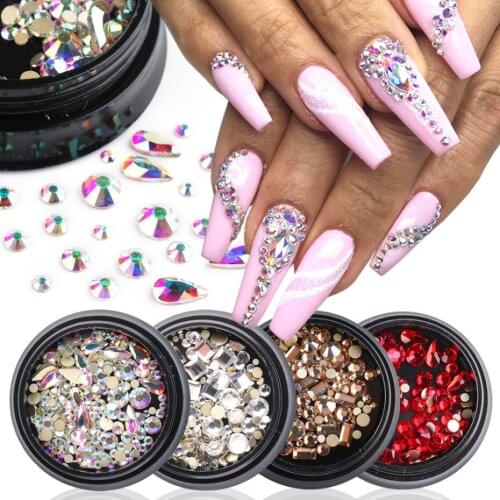 Hot Sell 1 Box Mixed Size Glitter Rhinestones AB Flat Back Shiny Stones 3D Nail Gems Crystal Nail Art Decorations Accessories