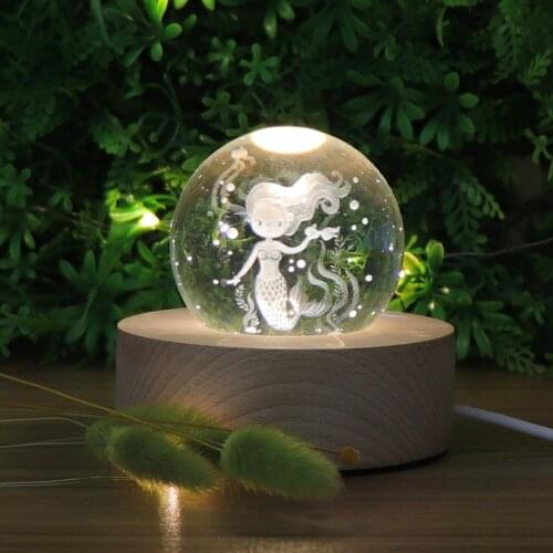 Lovely Little Mermaid LED 3D Crystal Ball Night Lights Beech Warm White Light Wooden Table Lamps Projection Lamp Gift for Kids