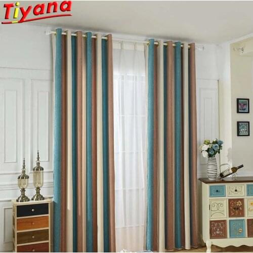 Fashion Brown/Blue/Beige Stitching Striped Panel Curtains for Living Room Modern Chenille Strip Blackout Window Drapes HM099GI