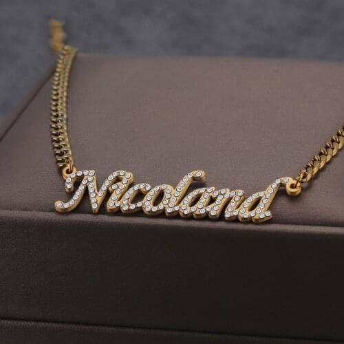 Customized Name Necklace Personalized Crystal Letter 4mm NK Thick Chain for Women Men Stainless Steel Pendant Jewelry Gifts