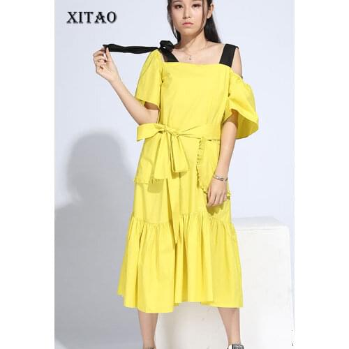XITAO Off Shoulder Backless Midi Dress Korea Fashion New Women 2019 Pleated Bow Elegant Bandage Strapless Casual Dress HJH103