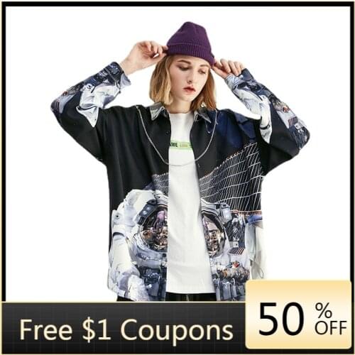 AreMoMuWha Mens Wear 2019 Autumn New Brand Astronauts Print Loose Mens Wild Long Sleeve Shirt Mens Fashion Clothing Trends