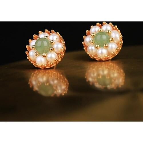 Natural Stone Freshwater Pearl Stud Earrings For Women Mom Birthday Gift Flower Earring Fine Jewelry Exquisite Round Earrings