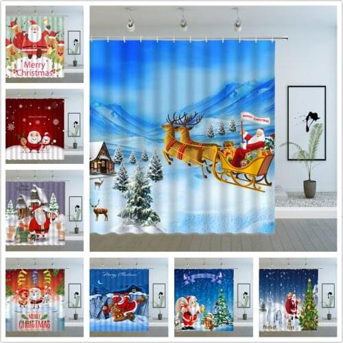 Merry Christmas Shower Curtains Cartoons Santa Claus Xmas Tree New Year Themed Kids Bathroom Decor Cloth Hanging Curtain Sets