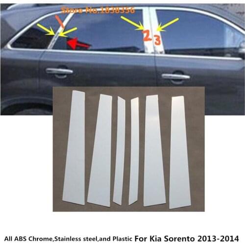 Top Car Body Cover Stick Stainless Steel Glass Window Garnish Pillar Middle Column Trim Hoods For Kia Sorento 2013 2014 6pcs
