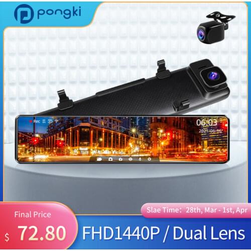 Pongki B430 12" IPS Screen 1440P Dual Lens Dash Cam Night Vision Car DVR Rear View Video Recorder Parking Surveillance Camera