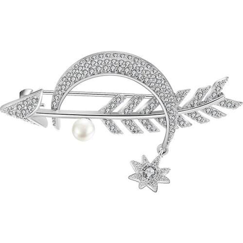 High Quality Copper Zircon Brooch Pin Curved Moon Bright Stars Cupids Arrow Represents Love Trend Personality Dress Jewelry