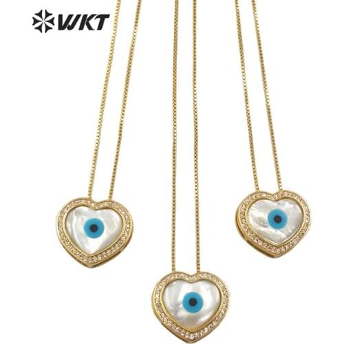 WT-MN973 WKT newest design women charming micropave setting bezel natural shell eye heart pendant necklace gold eye necklace