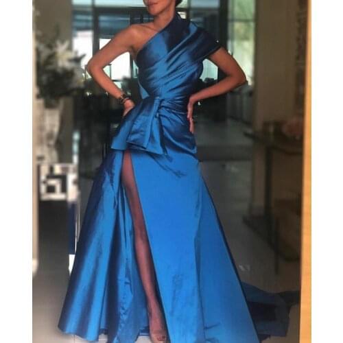 Sexy Long One Shoulder Taffeta Mermaid Evening Dresses with Slit Floor Length Zipper Back Pleated Formal Party Dress for Women