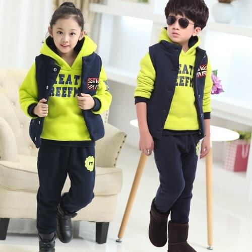 Boys & Girls Winter Plus Velvet Thick 3 pcs Clothing Set 2020 New Fashion Hooded Warm Hoodies Suit Students Clothing