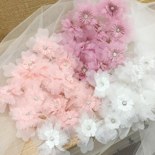 100 pieces 3D center beaded chiffon flower lace applique in off white dusty pink for bridal hair flower baby girl dress