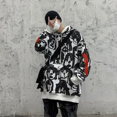 2021 Mens Graffiti Printed Hooded Hoodies Cotton Casual Sweatshirts Streetwear Hip Hop Style Pullover Black Color Coats M-5XL