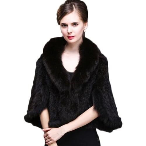 2019 Fashion Knitted Mink Fur Poncho With Real Fox Fur Trimming Women Real Fur Shawl Ladies Luxury High Quality Mink Shawl