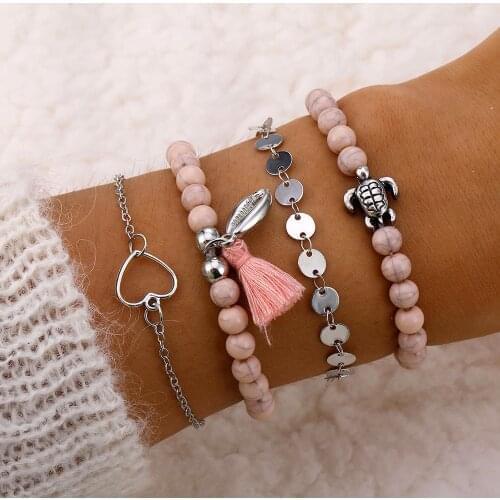 4 Pcs/Set Love Heart Sea Shell Turtle Charm Bracelets for Women Beads Strand Braclets Set for Women Boho Hand Jewelry Gifts