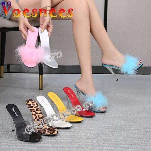 Voesnees Women Clear Transparent Summer Slippers 2021 Diamonds Sexy Fluffy Pubescence High Heels Ladies Stiletto Sandals Shoes