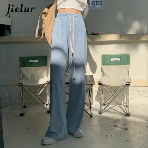 Jielur Korean Style High Waist Slim Pants for Women Loose Straight Wide Leg Womens Pants Drawstring Blue White Trousers OL 2021