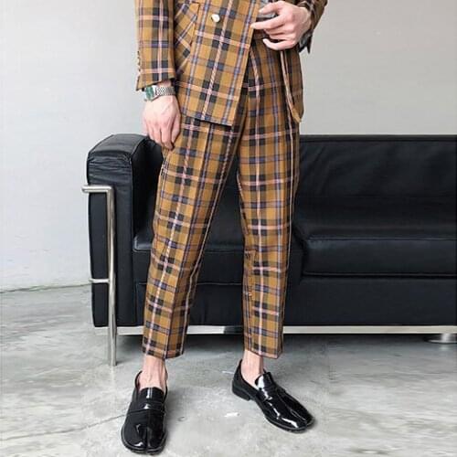 Pants British Ankle-length Korean 2020 Spring Summer Men Plaid Suit Pants Slim Feet Casual Trousers Men Suit Pants Mens Falling