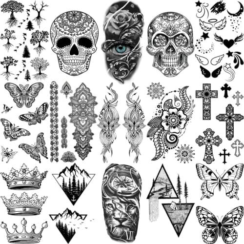Black Mandala Cross Temporary Tattoos For Women Adult Men Skull Skeleton Crown Compass Tatoos Butterfly Fake Tattoo Small Decal