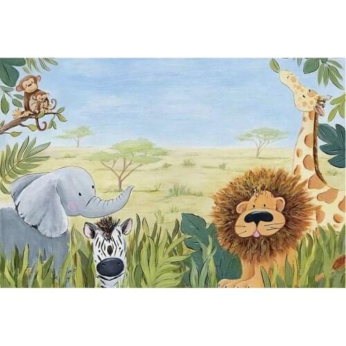 Wild Animals Elephant and Lion Happy Birthday Backdrop Party Room Decor Photo Booth Studio Prop