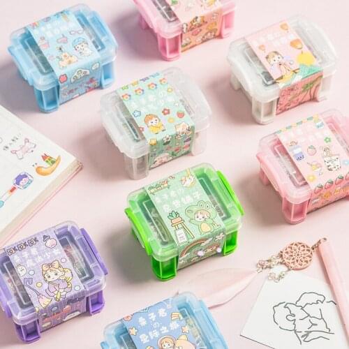 Kawaii Cute Washi Masking Tape Set With Storage Box Handbook Sticker Tape Diary Decorative Paste Adhesive Tape School Stationery
