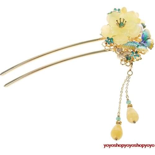 China JIANGNAN vintage nature jade yellow flowers hairgrips "U"hairpins sticks hanfu kimono cosplay Chinese accessories