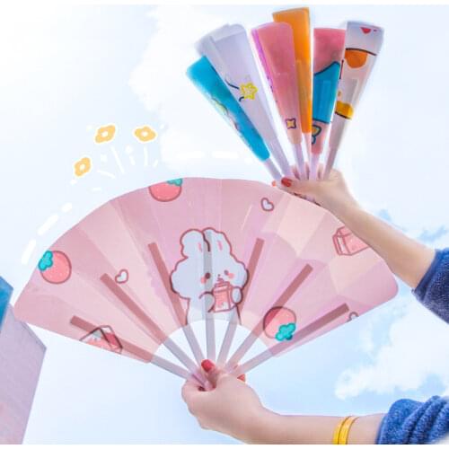 Creative Summer Small Fresh and Cute Portable Folding Fan PP Plastic Gift Folding Fan Cartoon Hand Crank Cool Fan Custom