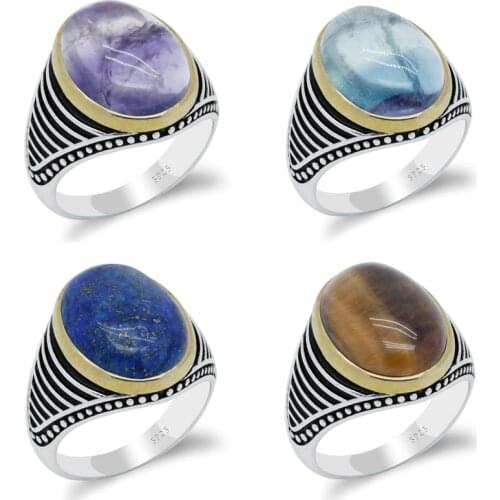 Mens Ring with Lapis Lazuli/Fluorite/Tiger eyes Stone 925 Sterling Silver Vintage Stripe Ring Turkish Jewelry for Male Women