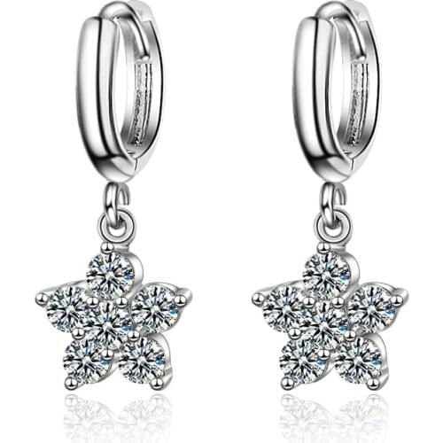 Cute Bride Crystal Star Hoop Earrings Luxury Female White Zircon Stone Earrings Vintage Silver Color Wedding Earrings For Women