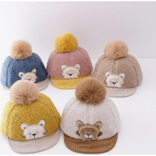 Fashion Child Cartoon Bear Cap Autumn Winter Hip Hop Hat With Big Fur Ball Pompon Baseball Cap Warm Soft Ball Peaked Caps