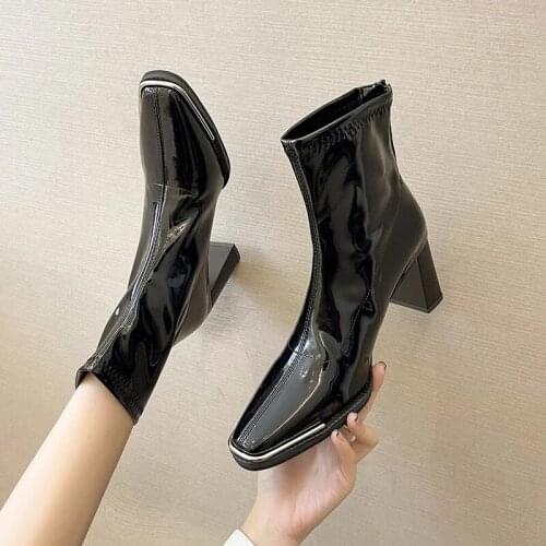 2021 autumn and winter new patent leather thick heel short boots female rear zipper square toe Martin boots Korean style high he