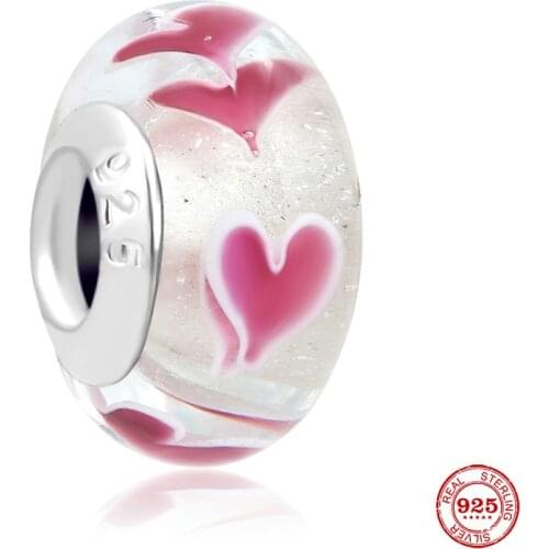 New Original Silver Color Pink Heart Murano Glass Bead Fit European Pandora Charms Bracelet Bangles Diy Jewelry P600