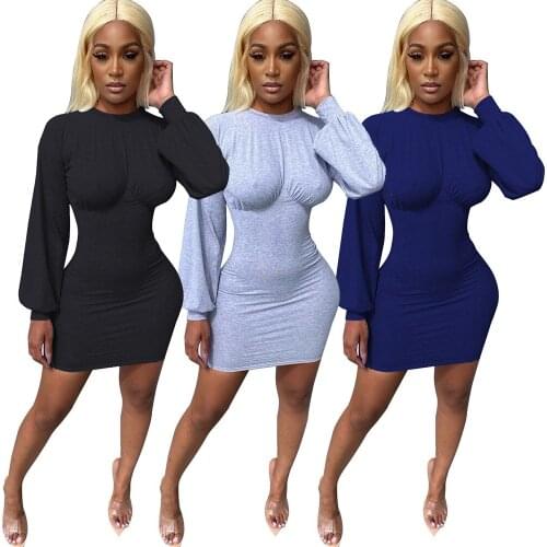 Echoine 2020 Autumn Casual Women Solid Color Lantern Sleeve Package Hip Mini Dress Bodycon Sexy Party Dresses Clubwear Outfits