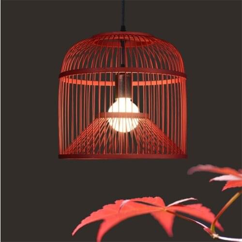 Red Bamboo Woven Bird Cage Pendant Lamps Modern Restaurant Bar Hanging Lamp Retro Loft Bedroom Living Room Porch Pendant Lights