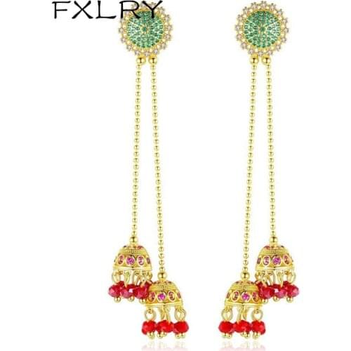 FXLRY Luxury Retro Gold Color Micro Paved Cubic Zircon Long Tassel Wind chimes Dangle Earrings for Women Wedding Party Jewelry